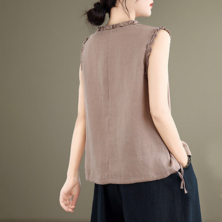 Canotta senza maniche da donna in cotone e lino con scollo rotondo, coulisse e design arricciato estivo Buddha Stones - image 16