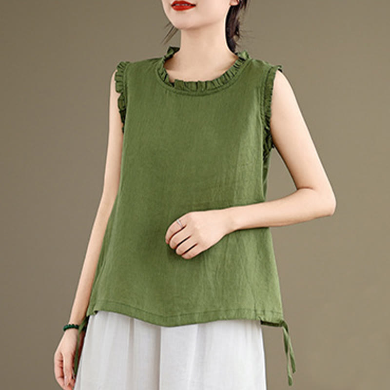 Canotta senza maniche da donna in cotone e lino con scollo rotondo, coulisse e design arricciato estivo Buddha Stones - image 1