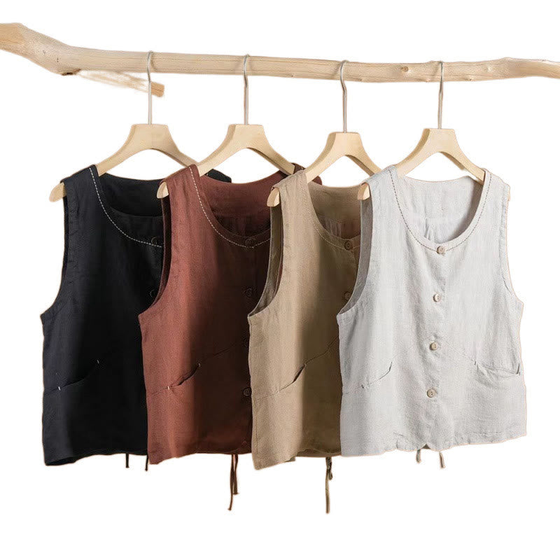Gilet da donna monopetto senza maniche in cotone e lino con motivo Buddha Stones e tasche. - image 5