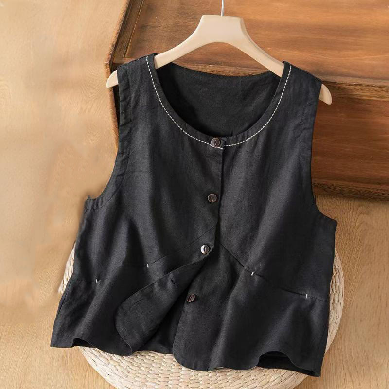 Gilet da donna in cotone e lino con tasche, monopetto e senza maniche, motivo Buddha Stones - Nero - US8-10, UK/AU12-14, EU40-42 (2XL) - image 2