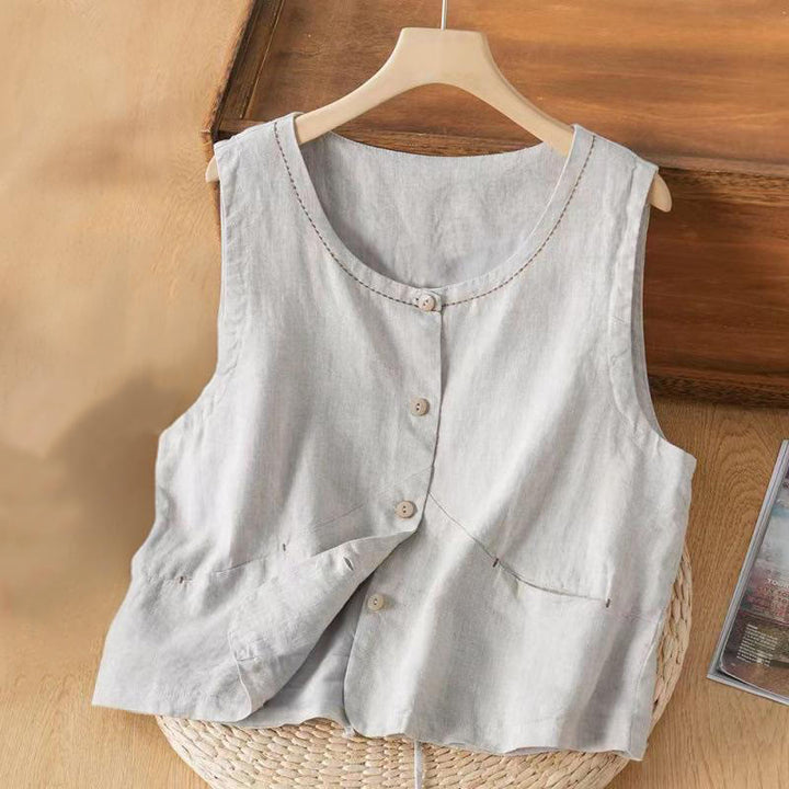 Gilet da donna monopetto senza maniche in cotone e lino con motivo Buddha Stones e tasche. - Grigio chiaro - US8-10, UK/AU12-14, EU40-42 (2XL) - image 1