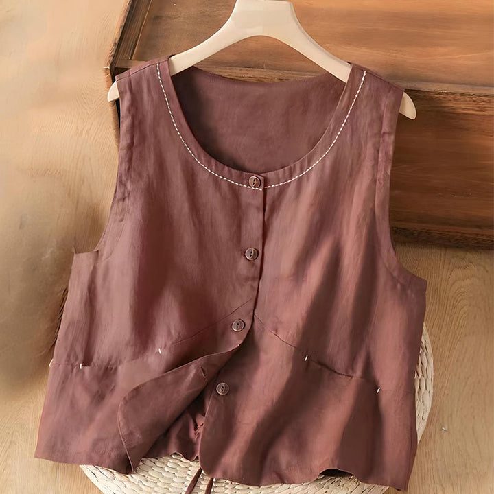 Gilet da donna monopetto senza maniche in cotone e lino con motivo Buddha Stones e tasche. - Marrone - US8-10, UK/AU12-14, EU40-42 (2XL) - image 3