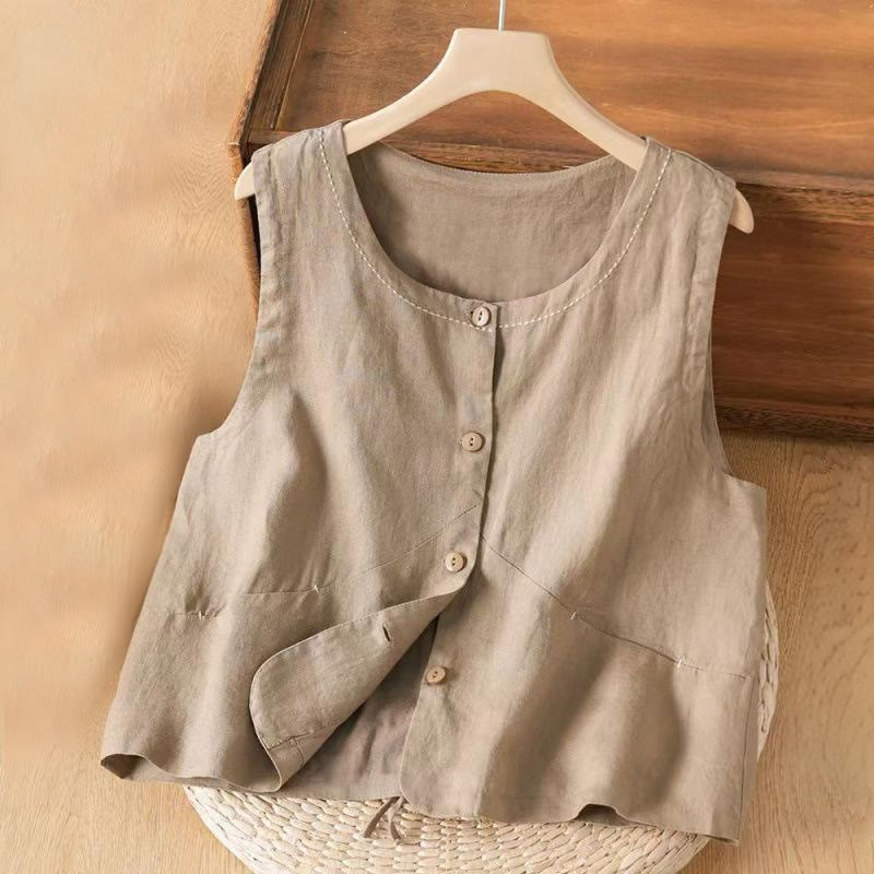 Gilet da donna in cotone e lino con tasche, monopetto e senza maniche, motivo Buddha Stones - Legno robusto - US8-10, UK/AU12-14, EU40-42 (2XL) - image 0
