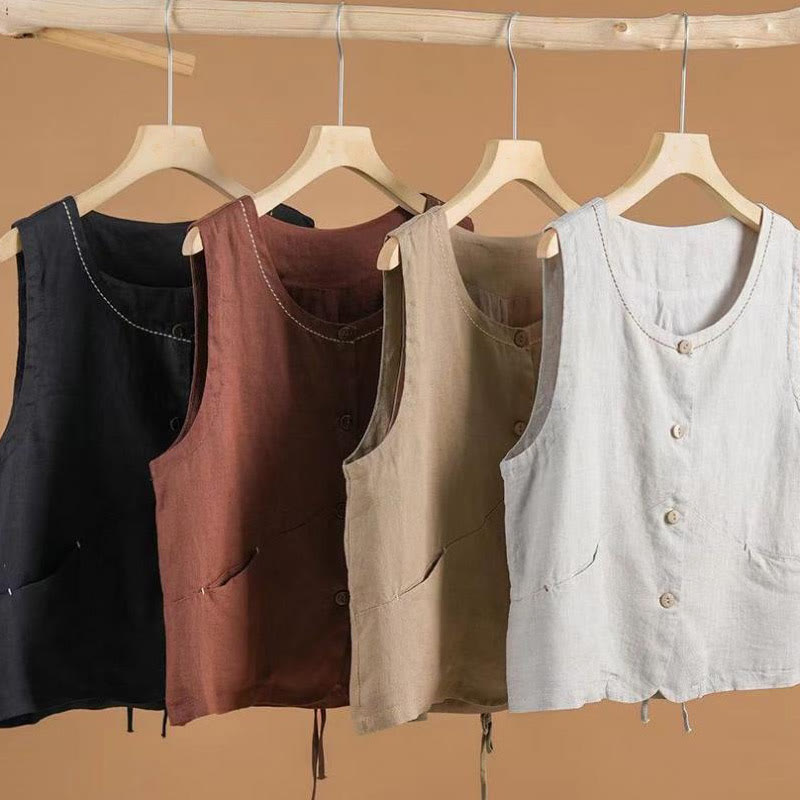 Gilet da donna in cotone e lino con tasche, monopetto e senza maniche, motivo Buddha Stones - image 4