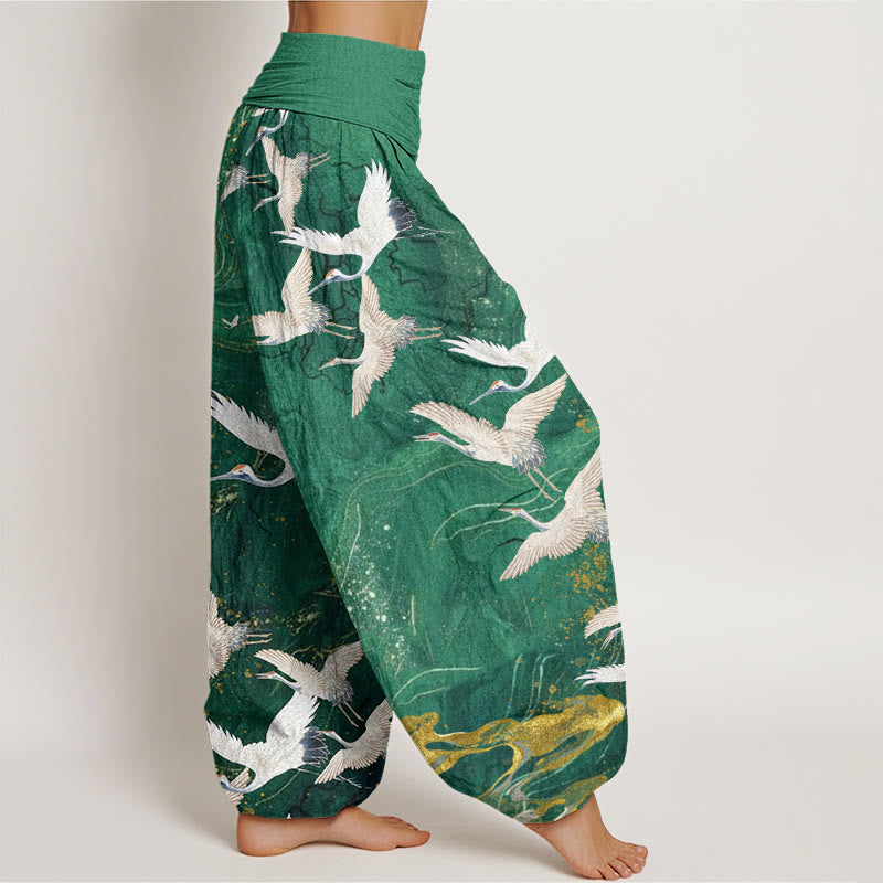 Pantaloni harem da donna con elastico in vita, in cotone, con gru bianche volanti e nuvole di buon auspicio, motivo Buddha Stones - image 2