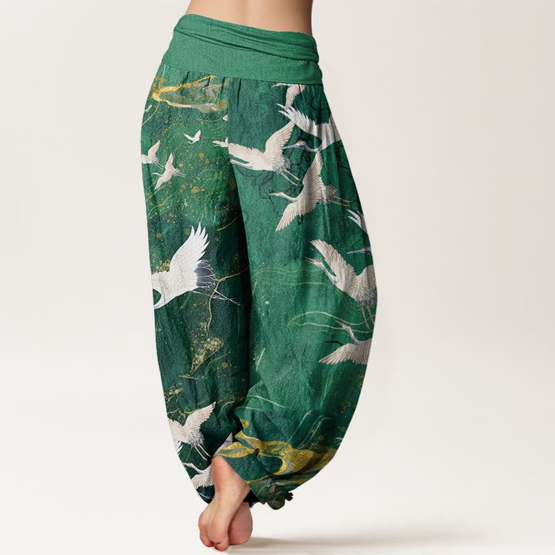Pantaloni harem da donna con elastico in vita, in cotone, con gru bianche volanti e nuvole di buon auspicio, motivo Buddha Stones - image 1