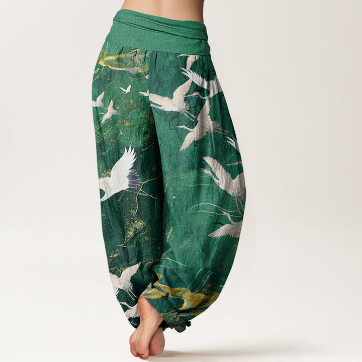Pantaloni harem da donna con elastico in vita, in cotone, con gru bianche volanti e nuvole di buon auspicio, motivo Buddha Stones - image 1