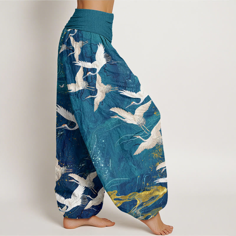 Pantaloni harem da donna con elastico in vita, in cotone, con gru bianche volanti e nuvole di buon auspicio, motivo Buddha Stones - image 6