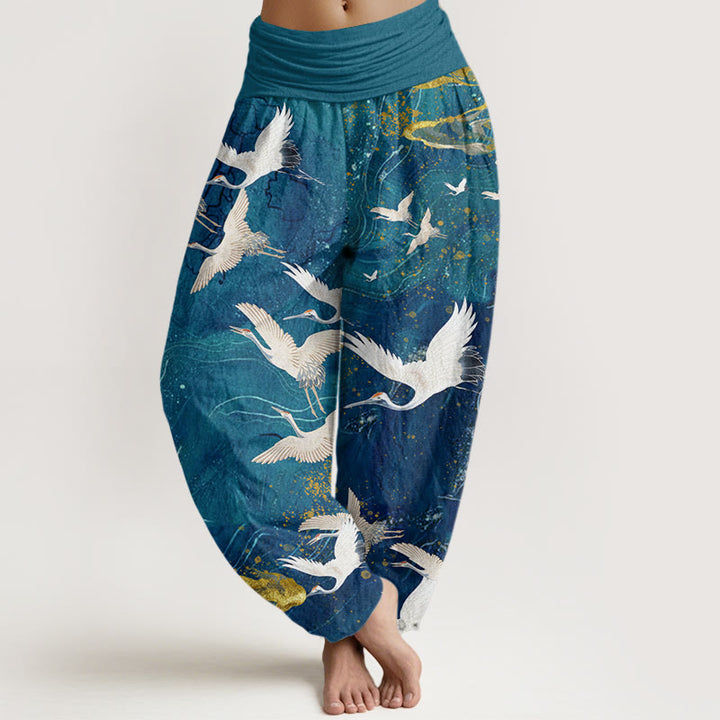 Pantaloni harem da donna con elastico in vita, in cotone, con gru bianche volanti e nuvole di buon auspicio, motivo Buddha Stones - Ciano scuro - US22, UK/AU26, EU54 (6XL) - image 4