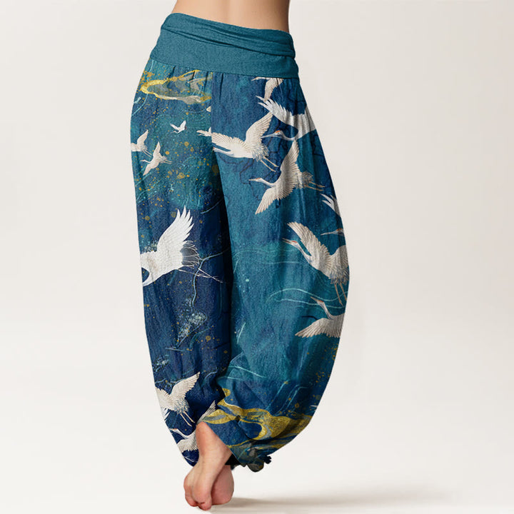 Pantaloni harem da donna con elastico in vita, in cotone, con gru bianche volanti e nuvole di buon auspicio, motivo Buddha Stones - image 5