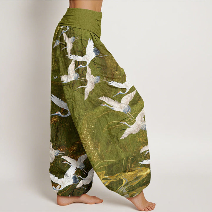 Pantaloni harem da donna con elastico in vita, in cotone, con gru bianche volanti e nuvole di buon auspicio, motivo Buddha Stones - image 9