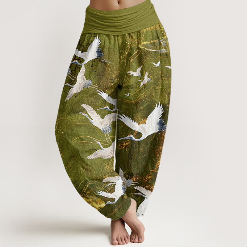 Pantaloni harem da donna con elastico in vita, motivo: Buddha Stones, gru bianche volanti, nuvole di buon auspicio - GialloVerde - US22, UK/AU26, EU54 (6XL) - image 8