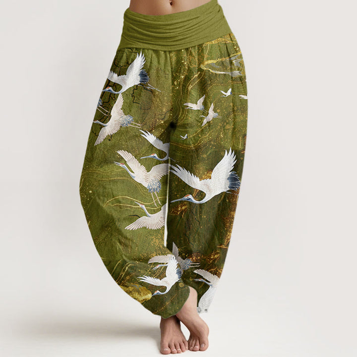 Pantaloni harem da donna con elastico in vita, motivo: Buddha Stones, gru bianche volanti, nuvole di buon auspicio - GialloVerde - US22, UK/AU26, EU54 (6XL) - image 8