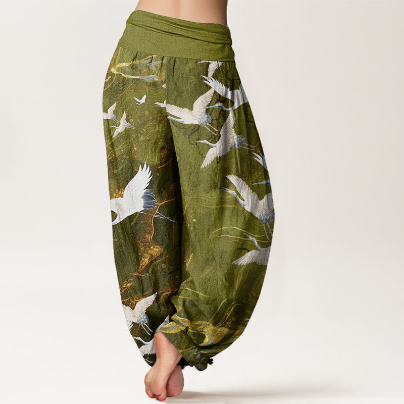 Pantaloni harem da donna con elastico in vita, in cotone, con gru bianche volanti e nuvole di buon auspicio, motivo Buddha Stones - image 8