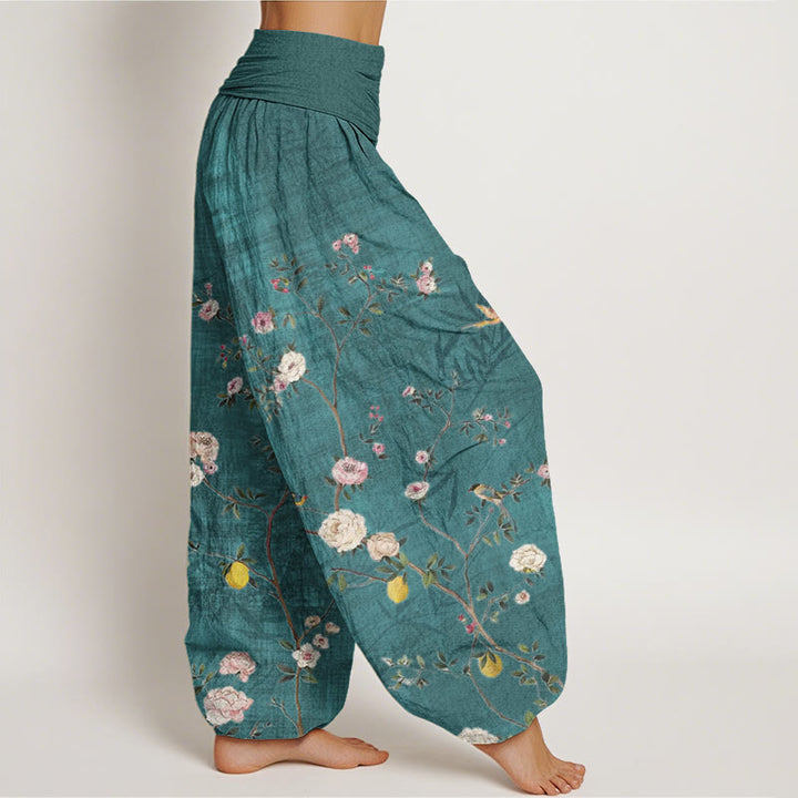 Pantaloni harem da donna con elastico in vita, motivo: Buddha Stones, fiori rosa e bianchi, foglie di bambù e frutta - image 2