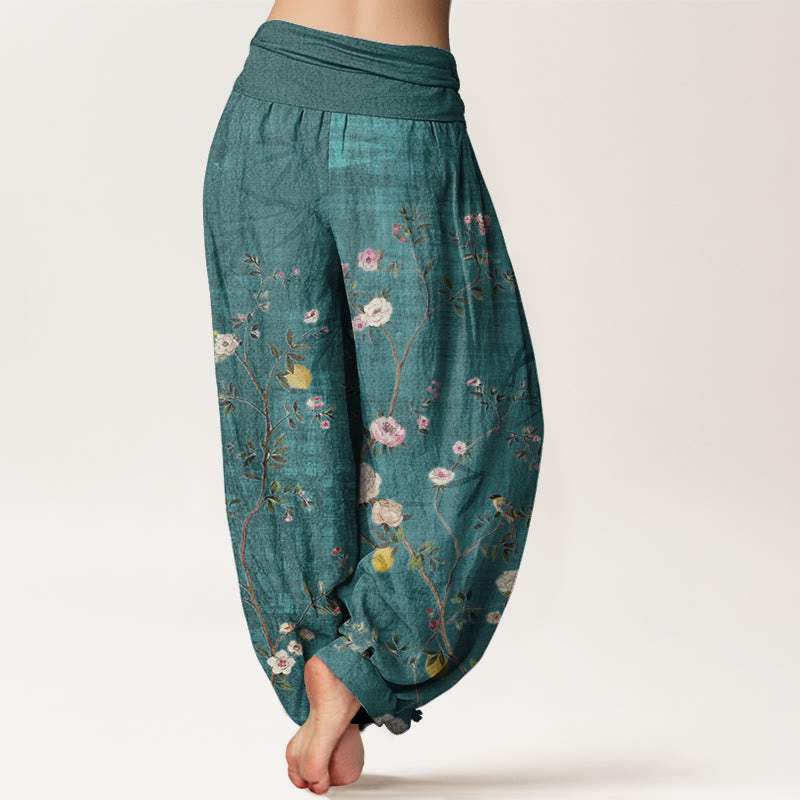 Pantaloni harem da donna con elastico in vita, motivo: Buddha Stones, fiori rosa e bianchi, foglie di bambù e frutta - image 1