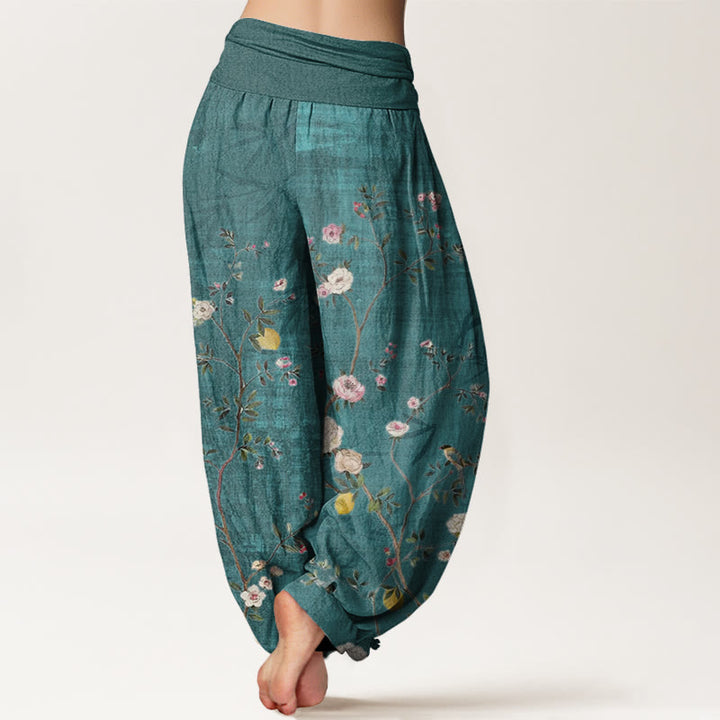 Pantaloni harem da donna con elastico in vita, motivo: Buddha Stones, fiori rosa e bianchi, foglie di bambù e frutta - image 1