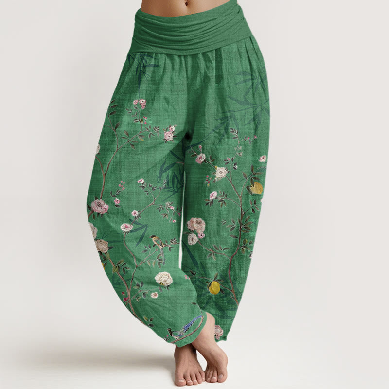Pantaloni harem da donna con elastico in vita, motivo: Buddha Stones, fiori rosa e bianchi, foglie di bambù e frutta - Primavera Verde - US22, UK/AU26, EU54 (6XL) - image 4