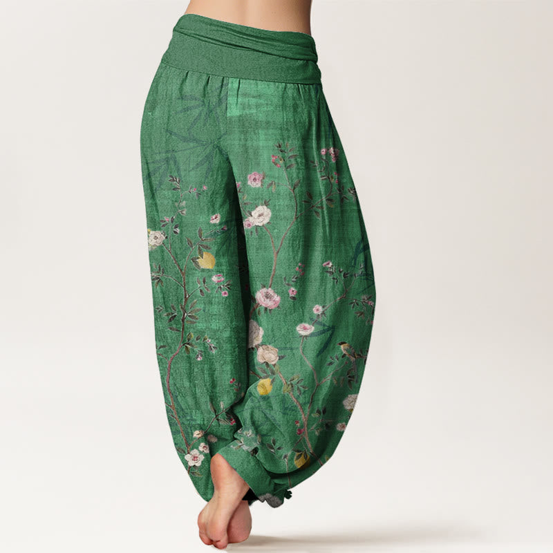 Pantaloni harem da donna con elastico in vita, motivo: Buddha Stones, fiori rosa e bianchi, foglie di bambù e frutta - image 5