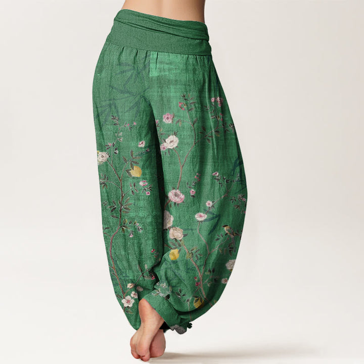Pantaloni harem da donna con elastico in vita, motivo: Buddha Stones, fiori rosa e bianchi, foglie di bambù e frutta - image 5