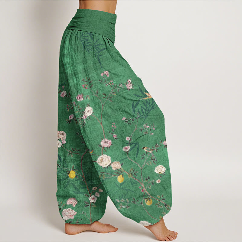 Pantaloni harem da donna con elastico in vita, motivo: Buddha Stones, fiori rosa e bianchi, foglie di bambù e frutta - image 6