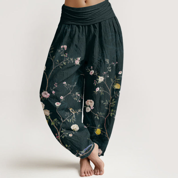 Pantaloni harem da donna con elastico in vita, motivo: Buddha Stones, fiori rosa e bianchi, foglie di bambù e frutta - Nero - US22, UK/AU26, EU54 (6XL) - image 7