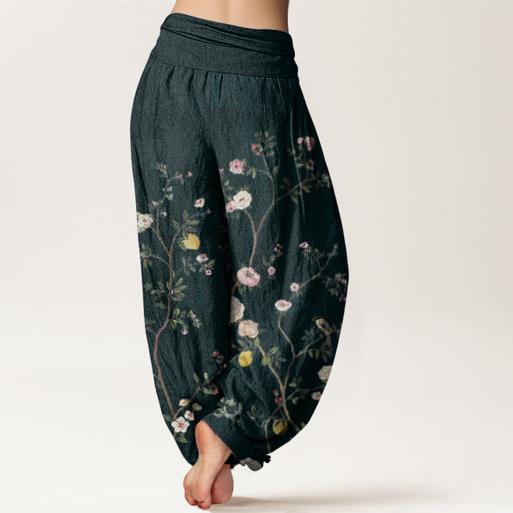 Pantaloni harem da donna con elastico in vita, motivo: Buddha Stones, fiori rosa e bianchi, foglie di bambù e frutta - image 8