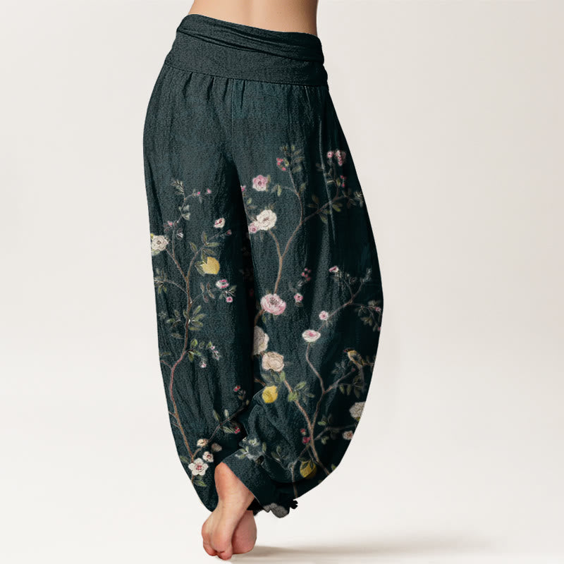Pantaloni harem da donna con elastico in vita, motivo: Buddha Stones, fiori rosa e bianchi, foglie di bambù e frutta - image 9