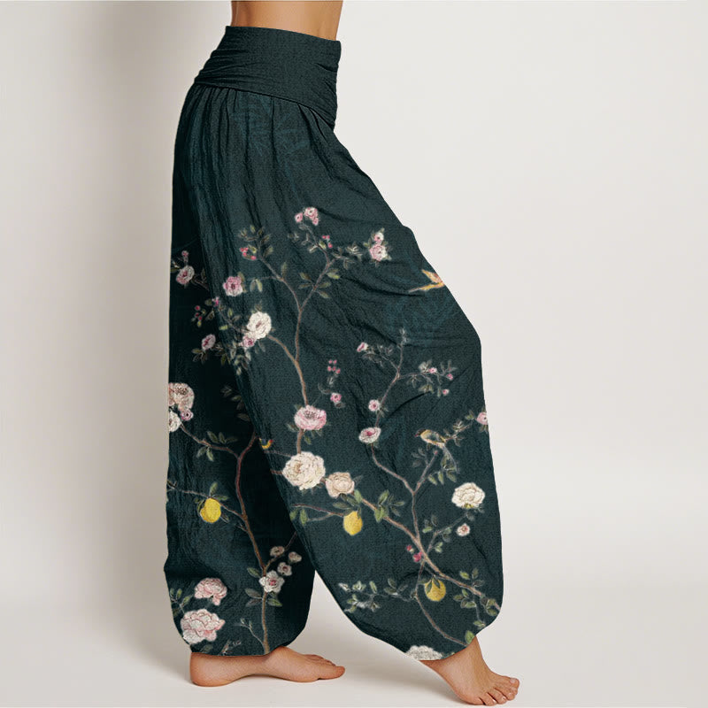 Pantaloni harem da donna con elastico in vita, motivo: Buddha Stones, fiori rosa e bianchi, foglie di bambù e frutta - image 9
