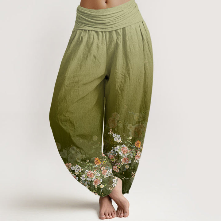 Pantaloni harem da donna con elastico in vita e motivo a fiori di rosa colorati con Buddha Stones - GialloVerde - US22, UK/AU26, EU54 (6XL) - image 5