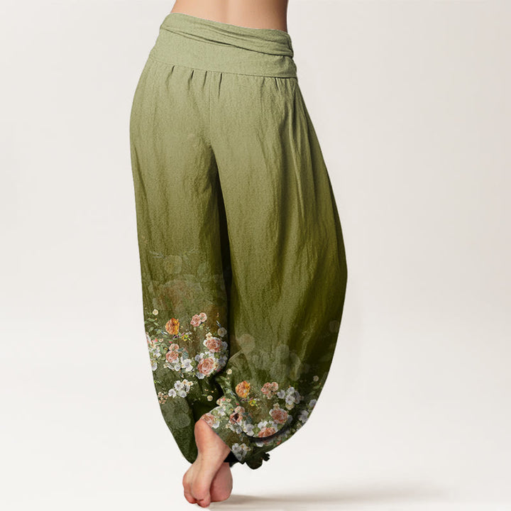Pantaloni harem da donna con elastico in vita, in cotone con motivo a fiori di rosa colorati, motivo Buddha Stones - image 5