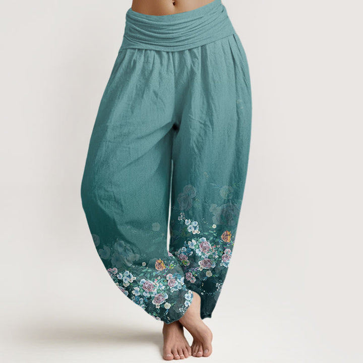 Pantaloni harem da donna con elastico in vita e motivo a fiori di rosa colorati con Buddha Stones - Turchese medio - US22, UK/AU26, EU54 (6XL) - image 8