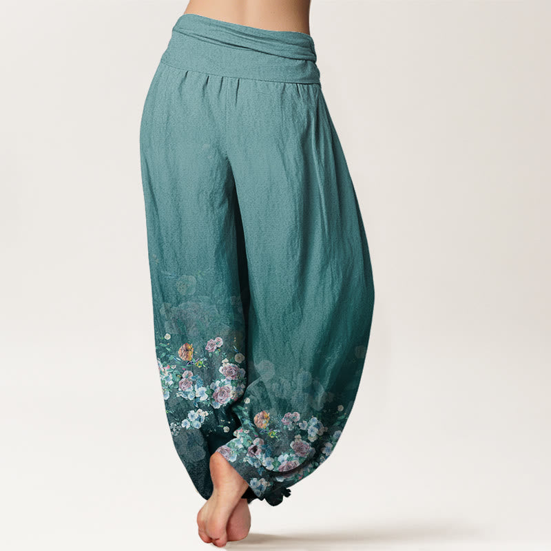 Pantaloni harem da donna con elastico in vita e motivo a fiori di rosa colorati con Buddha Stones - image 10