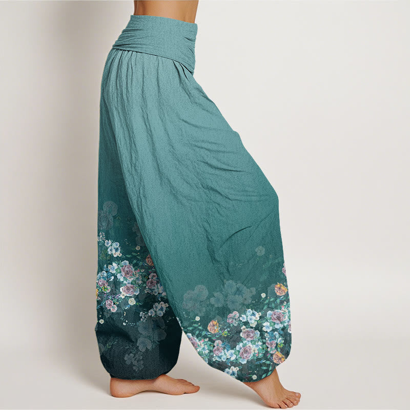 Pantaloni harem da donna con elastico in vita, in cotone con motivo a fiori di rosa colorati, motivo Buddha Stones - image 8