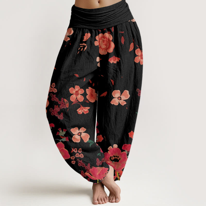 Pantaloni harem da donna con elastico in vita, motivo: Buddha Stones, fiori rossi, papaveri comuni - Nero - US22, UK/AU26, EU54 (6XL) - image 0