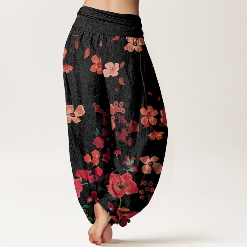 Pantaloni harem da donna con elastico in vita, in cotone, con fiori rossi e papaveri comuni, motivo Buddha Stones - image 1