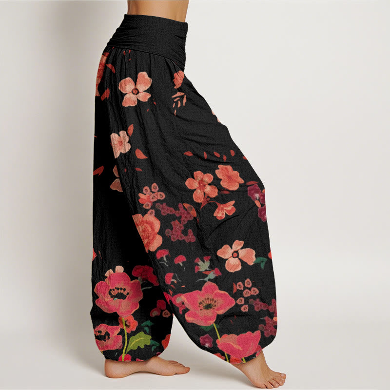 Pantaloni harem da donna con elastico in vita, in cotone, con fiori rossi e papaveri comuni, motivo Buddha Stones - image 2