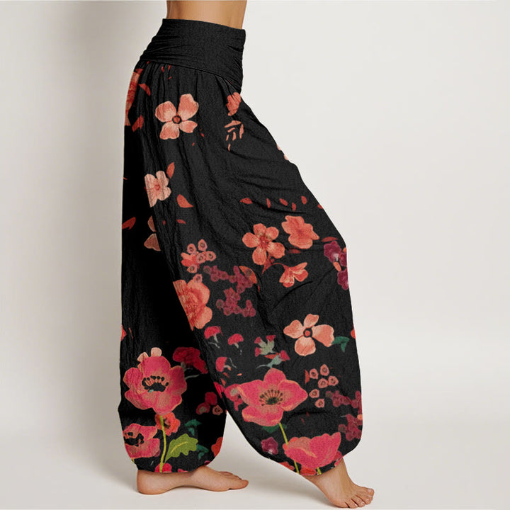 Pantaloni harem da donna con elastico in vita, in cotone, con fiori rossi e papaveri comuni, motivo Buddha Stones - image 2