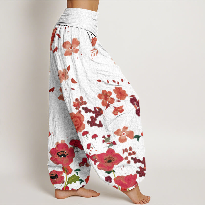 Pantaloni harem da donna con elastico in vita, in cotone, con fiori rossi e papaveri comuni, motivo Buddha Stones - image 9
