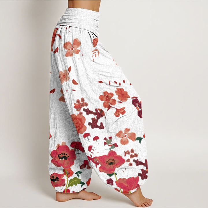 Pantaloni harem da donna con elastico in vita, in cotone, con fiori rossi e papaveri comuni, motivo Buddha Stones - image 9