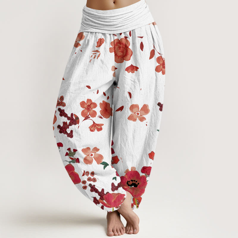 Pantaloni harem da donna con elastico in vita, motivo: Buddha Stones, fiori rossi, papaveri comuni - Beige - US22, UK/AU26, EU54 (6XL) - image 8