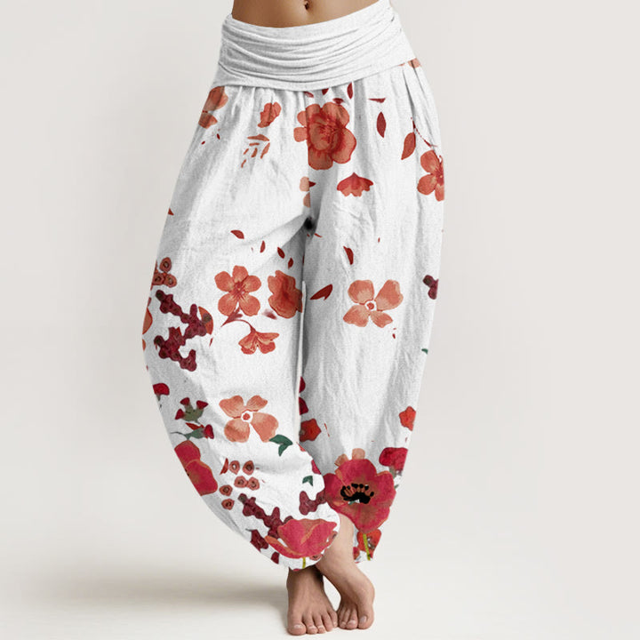 Pantaloni harem da donna con elastico in vita, motivo: Buddha Stones, fiori rossi, papaveri comuni - Beige - US22, UK/AU26, EU54 (6XL) - image 8
