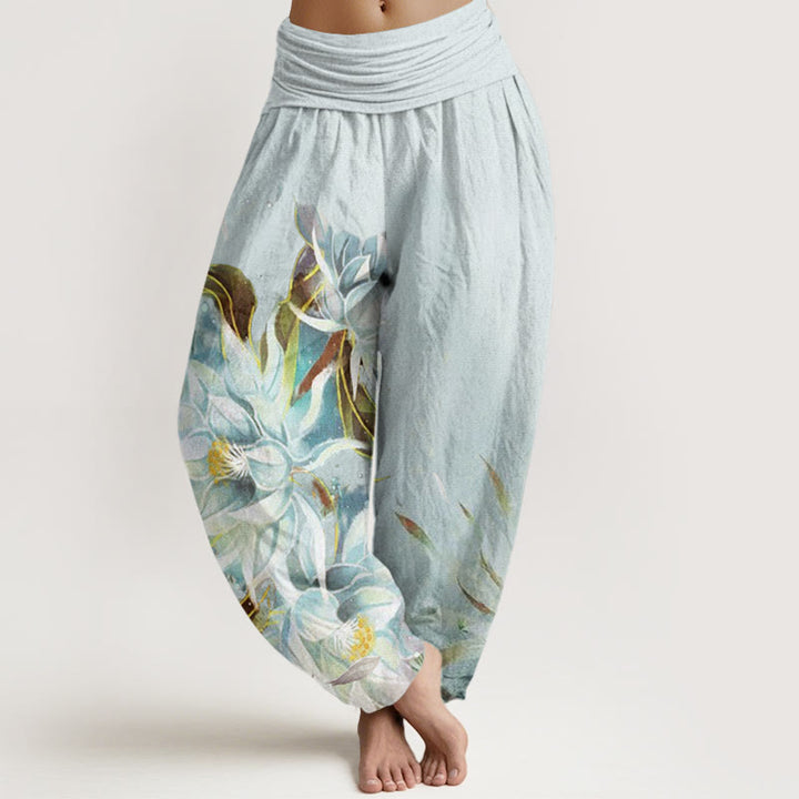 Pantaloni harem da donna con elastico in vita e motivo a fiori di Epiphyllum in cotone con Buddha Stones - Ciano chiaro - US22, UK/AU26, EU54 (6XL) - image 0