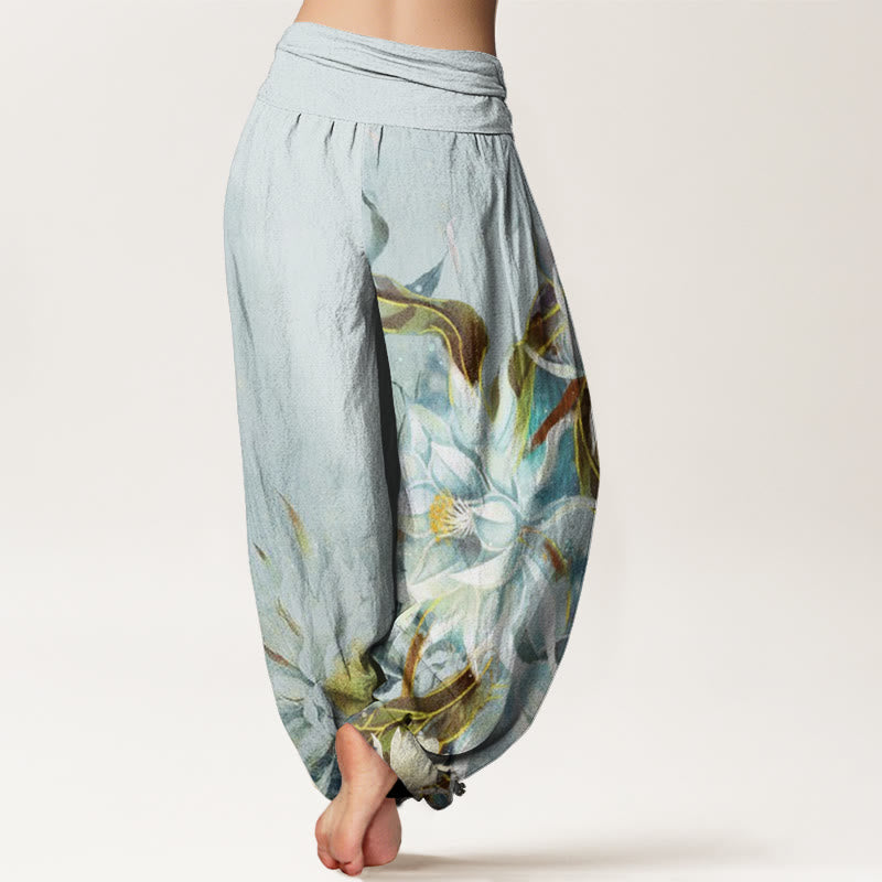 Pantaloni harem da donna con elastico in vita e motivo a fiori di Epiphyllum in cotone con Buddha Stones - image 1