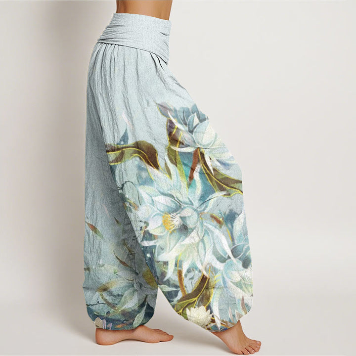 Pantaloni harem da donna con elastico in vita e motivo a fiori di Epiphyllum in cotone con Buddha Stones - image 2