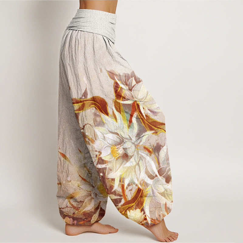 Pantaloni harem da donna con elastico in vita e motivo a fiori di Epiphyllum in cotone con Buddha Stones - image 6