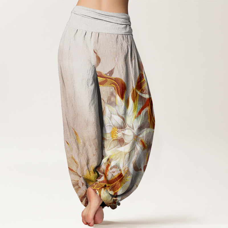 Pantaloni harem da donna con elastico in vita e motivo a fiori di Epiphyllum in cotone con Buddha Stones - image 5