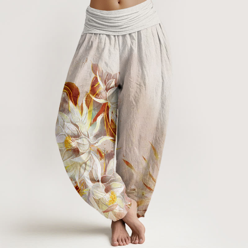 Pantaloni harem da donna con elastico in vita e motivo a fiori di Epiphyllum in cotone con Buddha Stones - Beige - US22, UK/AU26, EU54 (6XL) - image 4