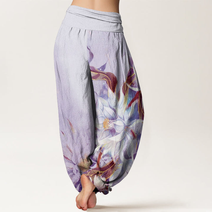 Pantaloni harem da donna con elastico in vita e motivo a fiori di Epiphyllum in cotone con Buddha Stones - image 8
