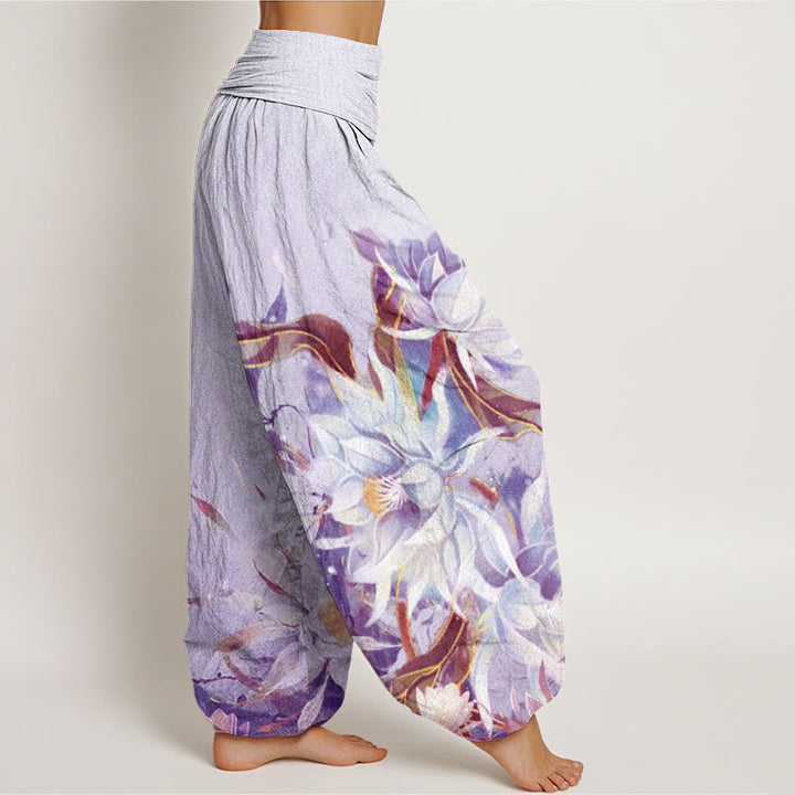 Pantaloni harem da donna con elastico in vita e motivo a fiori di Epiphyllum in cotone con Buddha Stones - image 9